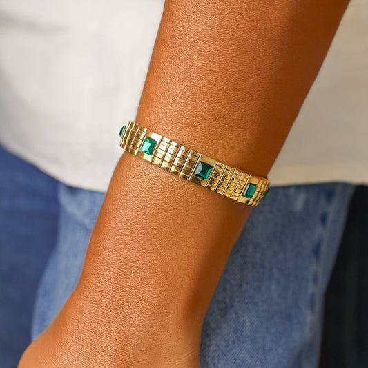 Pulseira Verdi em Aço Dourado com Zircões Verdes - Loja do Ouro