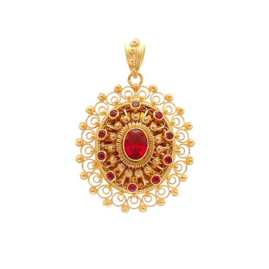 Medalha Filigrana em Ouro 19KL com Pedras Vermelhas