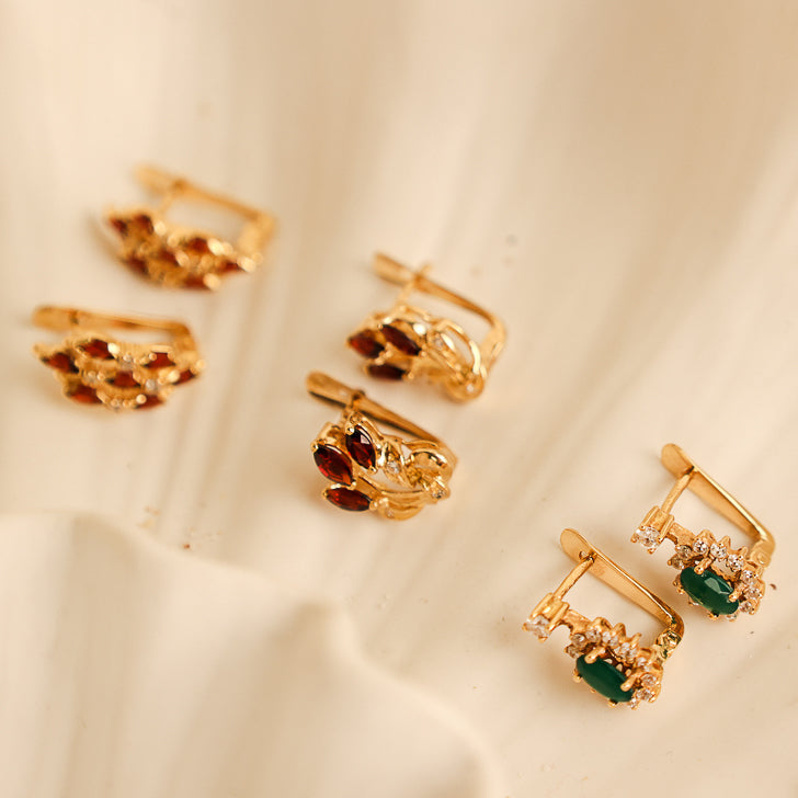 Brincos Flor em Ouro 19kl com Granadas e Zircónias