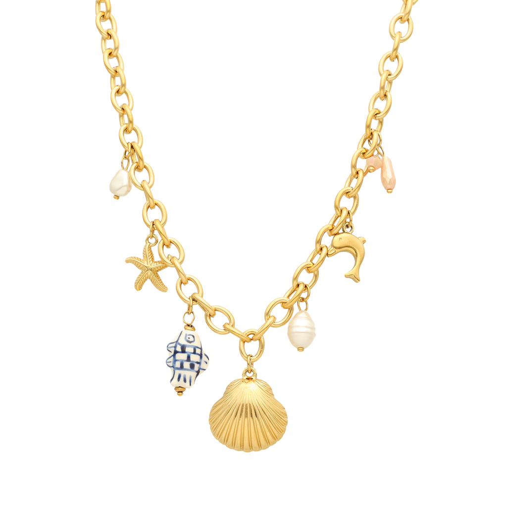 Colar Sonho de Verão em Aço Dourado com Pendentes e Pérolas