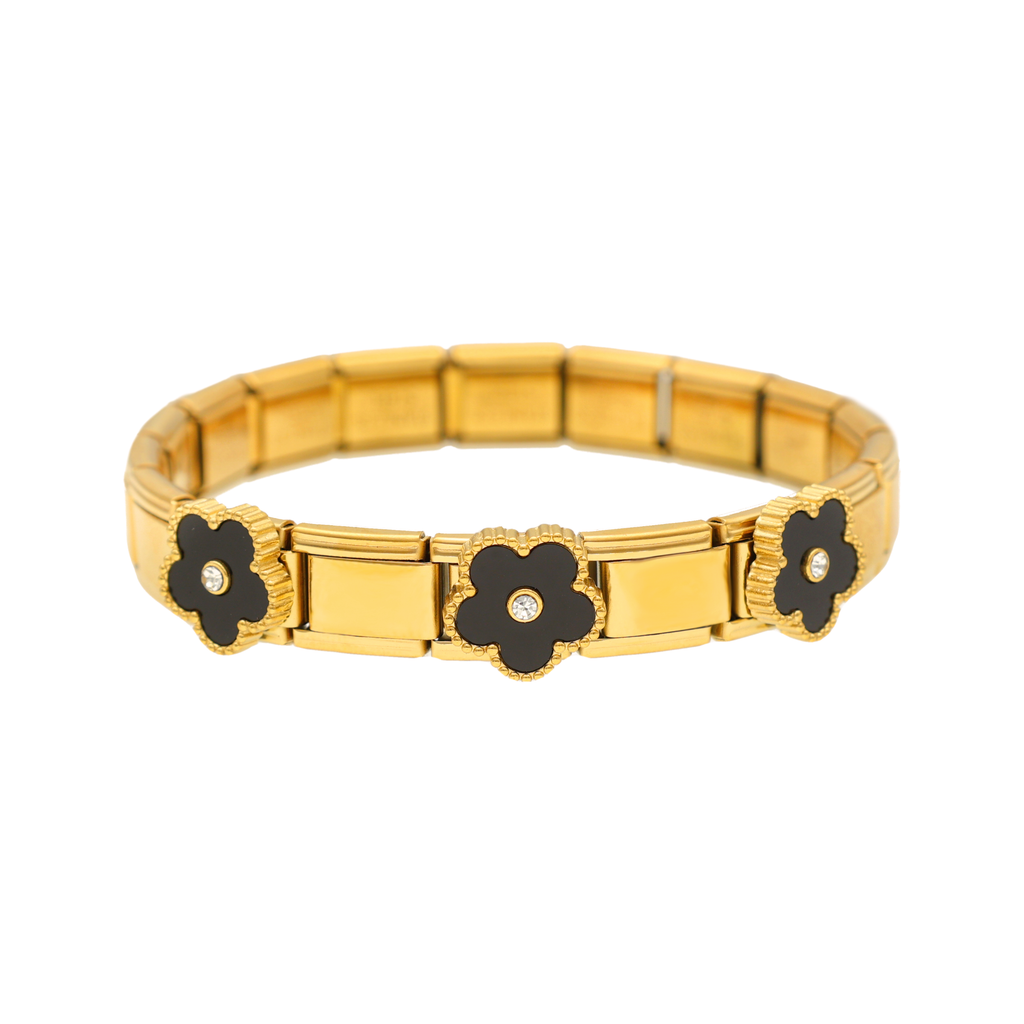 Pulseira Flor de Lotus em Aço Dourado com Flores Pretas