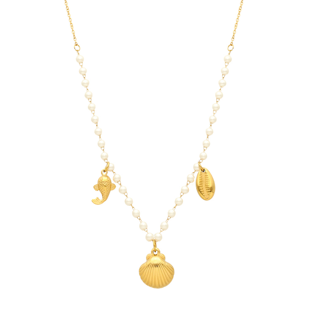 Colar Sea Pearls em Aço Dourado com Pérolas e Pendentes de Verão