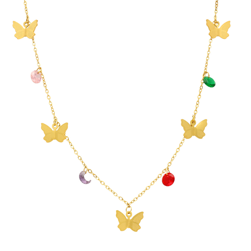 Colar Butterfly em Aço Dourado com Pedras Coloridas