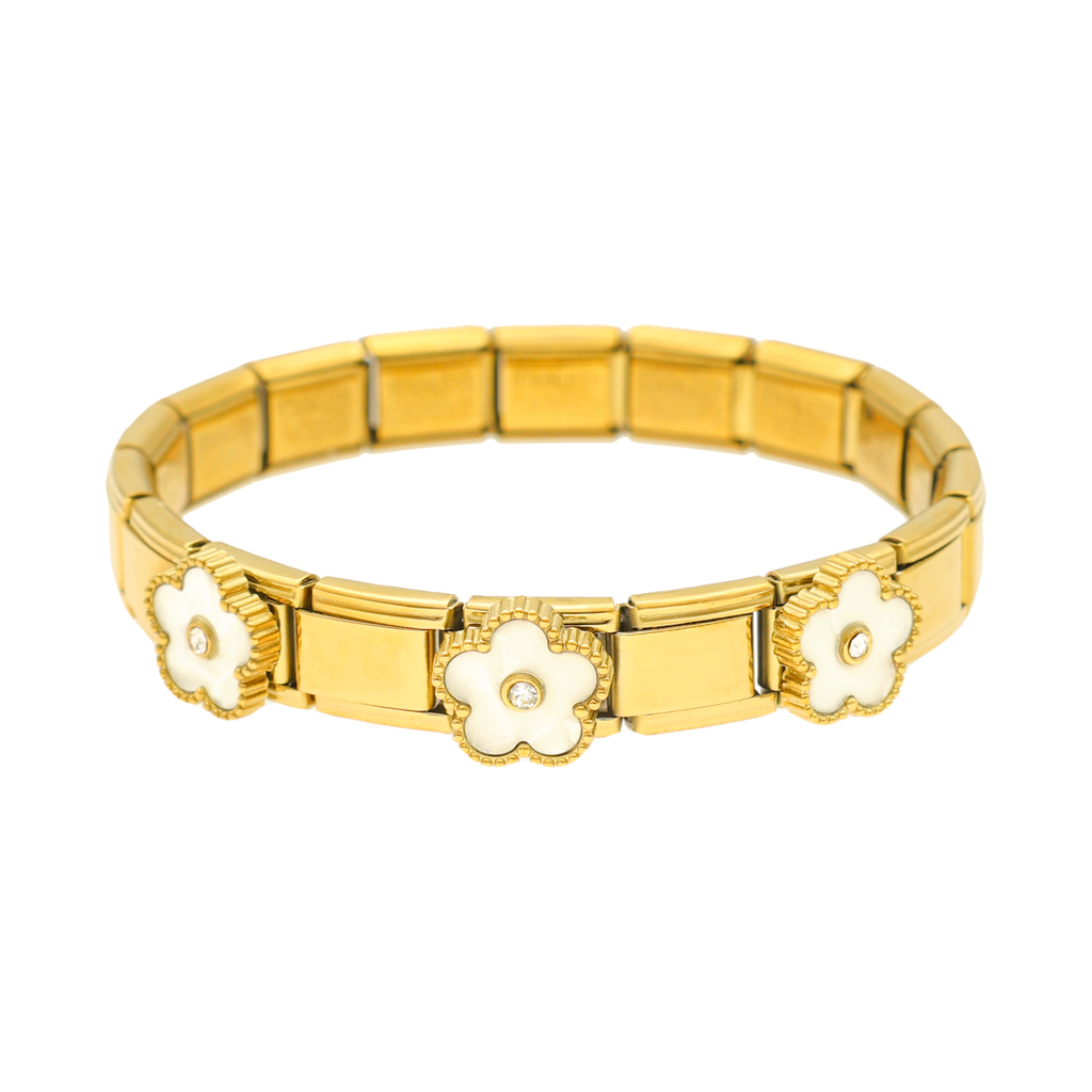 Pulseira Flor de Lotus em Aço Dourado com Flores em Madrepérola
