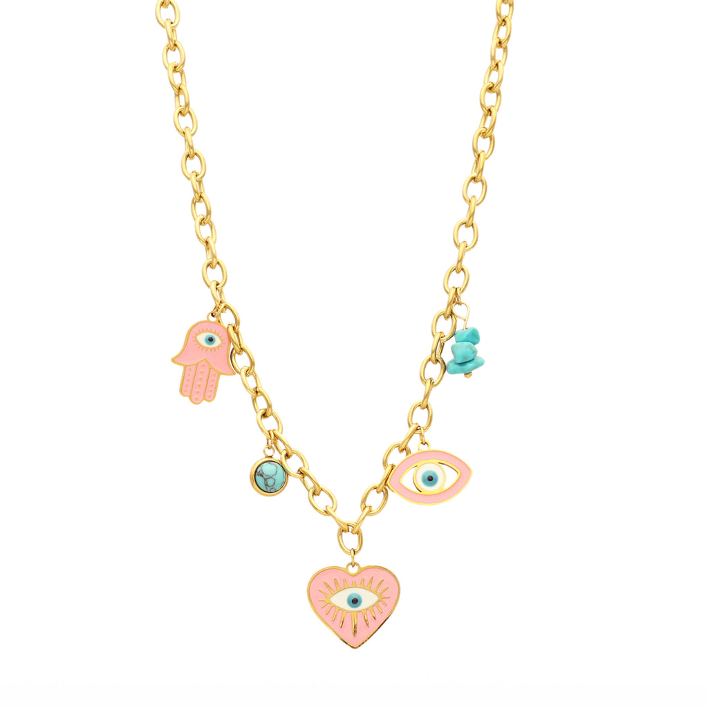 Colar Mystic Rose em Aço Dourado com Pendentes Olho Turco