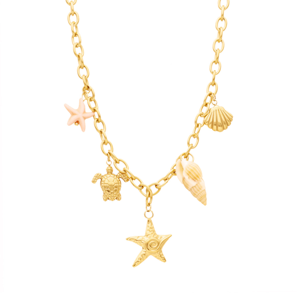 Colar Estrela do Mar em Aço Dourado com Pendentes de Verão
