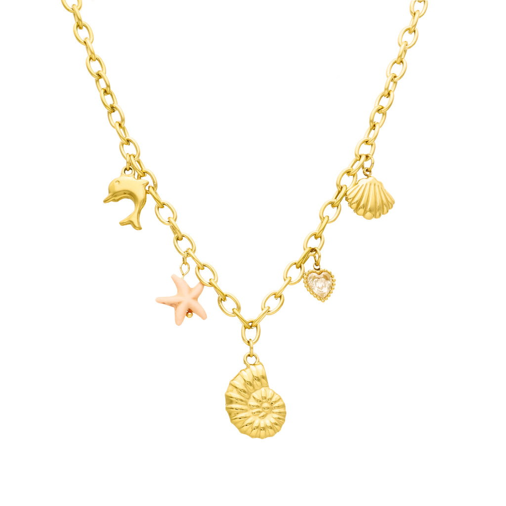 Colar Mar Salgado em Aço Dourado com Pendentes de Verão