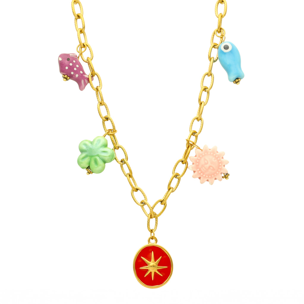 Colar Tropical em Aço Dourado com Pendentes Multicoloridos