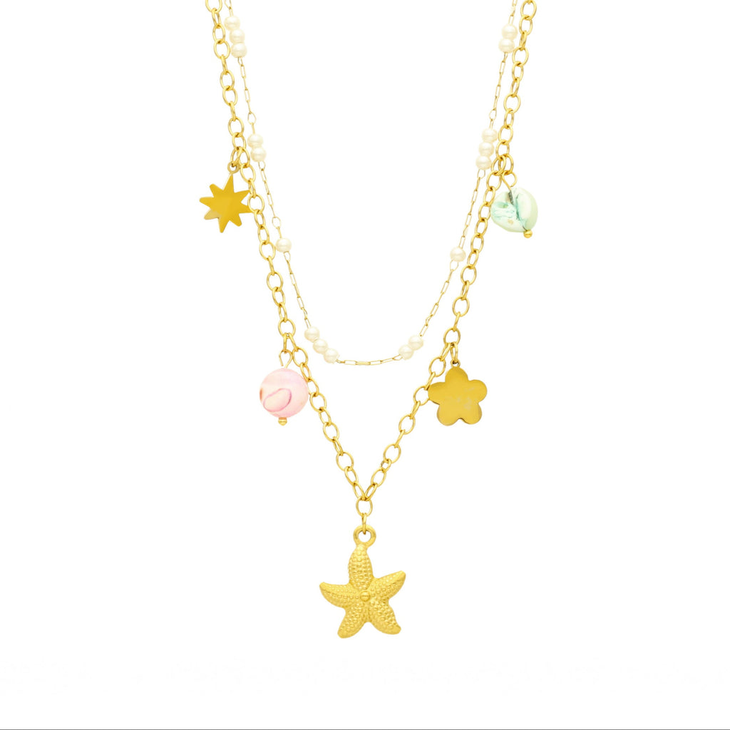 Colar Duplo Star em Aço Dourado com Pérolas