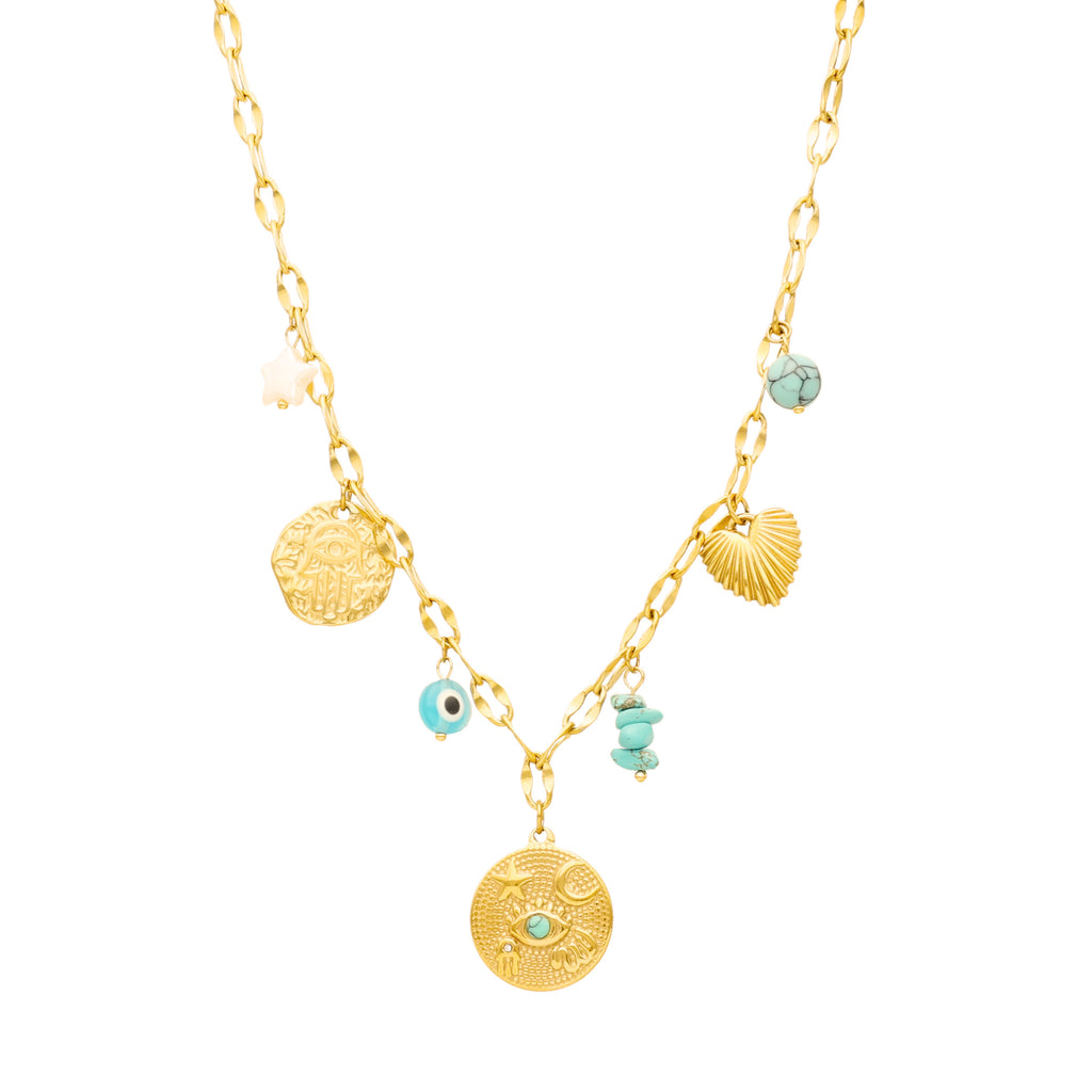 Colar Amuletos em Aço Dourado com Pendentes Proteção