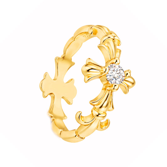 Anel Cruz Ornamentada em Prata Dourada com Zircónia