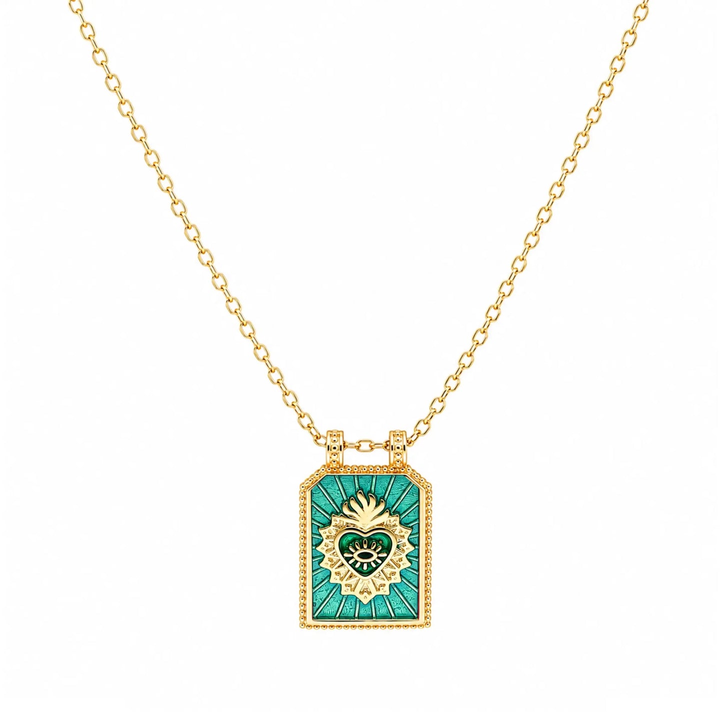 Fio Sacred Heart em Prata Dourada e Esmalte Verde - Loja do Ouro
