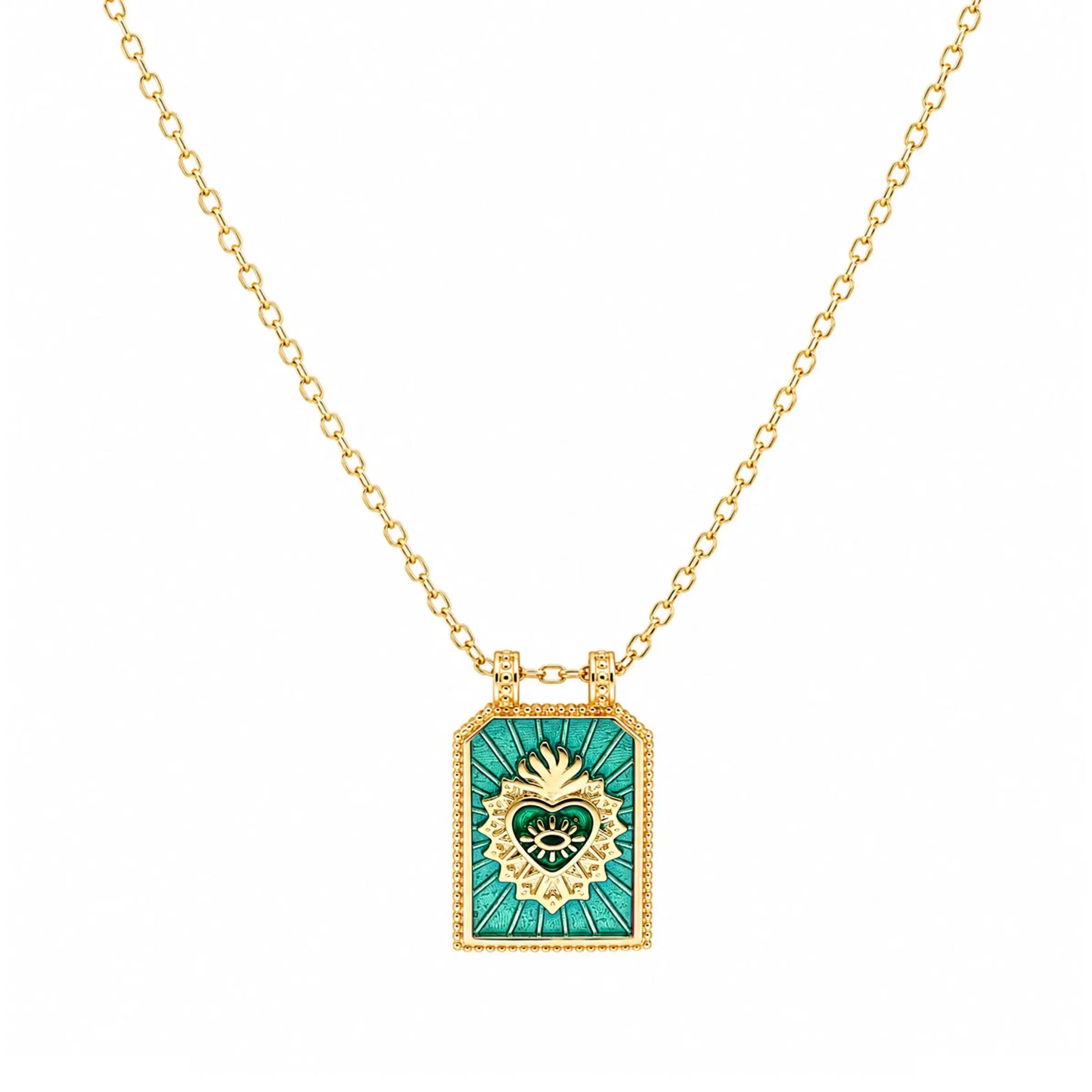 Fio Sacred Heart em Prata Dourada e Esmalte Verde - Loja do Ouro