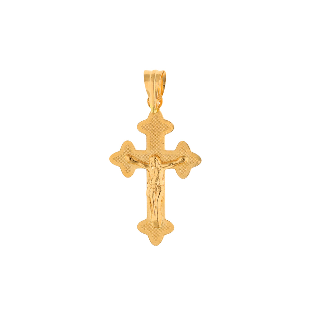 Crucifixo em Ouro de 19.2kl com Cristo em Alto Relevo e efeito pontilhado na cruz.  O Crucifixo em Ouro de 19.2kl é uma peça de arte sacra que combina a beleza do ouro com uma representação detalhada de Cristo em alto relevo e um efeito pontilhado na cruz, criando uma obra-prima de devoção e espiritualidade.