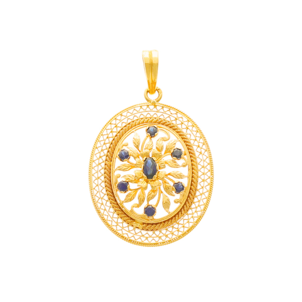 Medalha Oval em Ouro de 19kl com Motivos Florais e Topazios Azuis