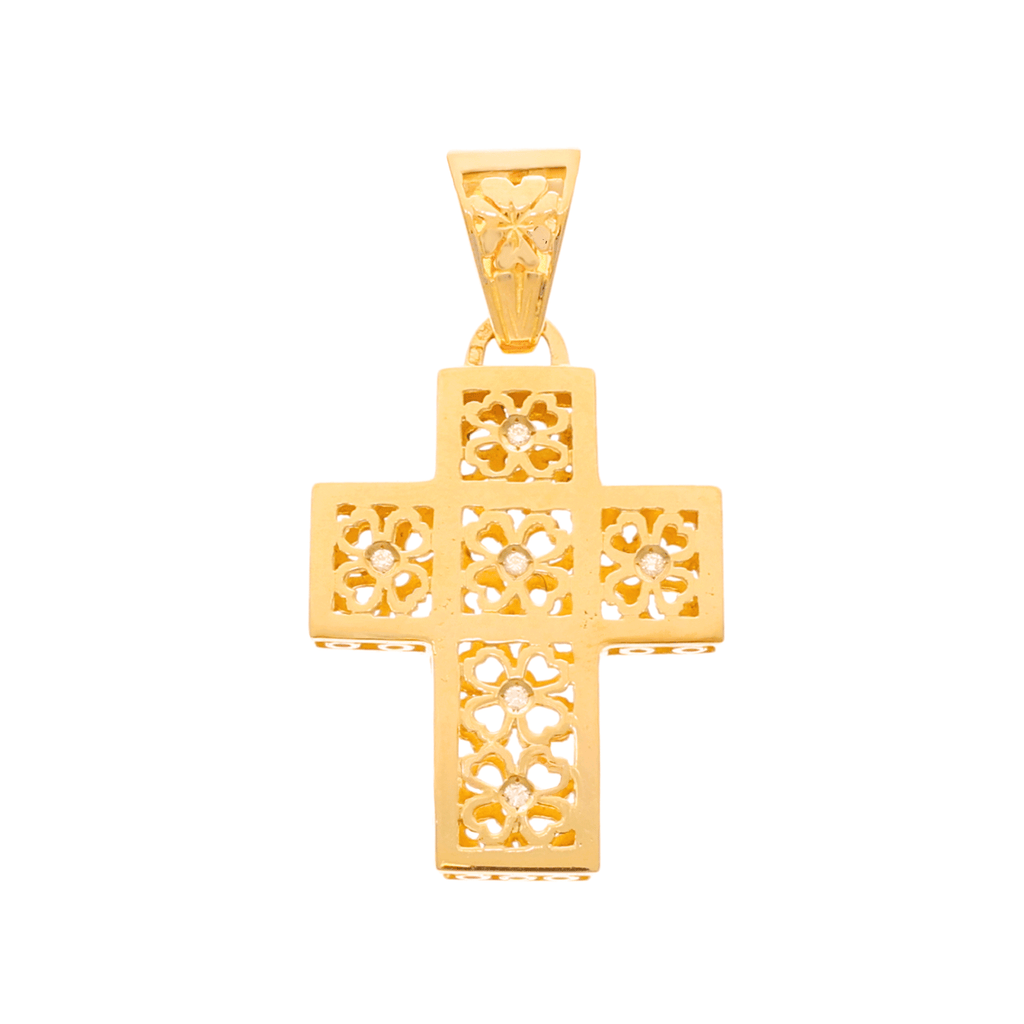 Cruz em Ouro 19kl com Flores Recortadas e Diamantes (3.3cm)