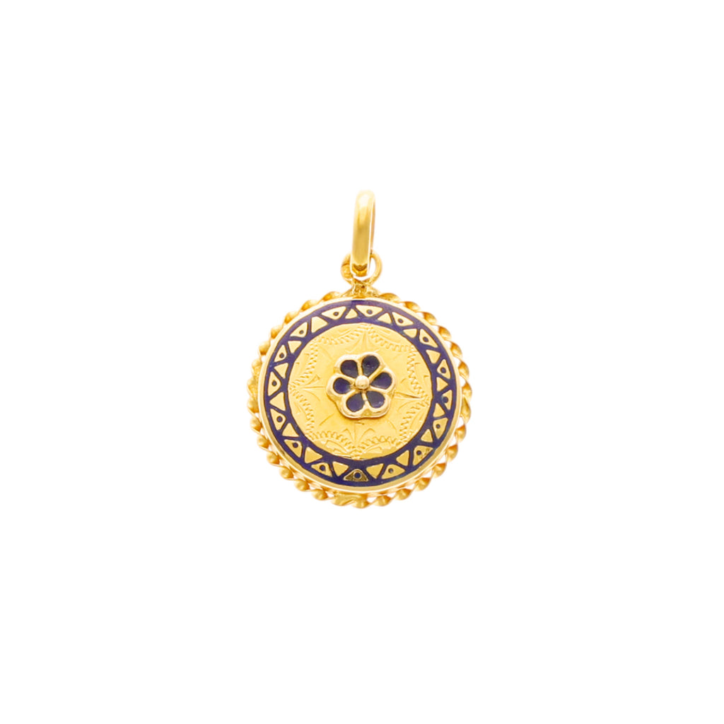 Medalha em Ouro 19kl com Esmalte Azul e Motivos Florais