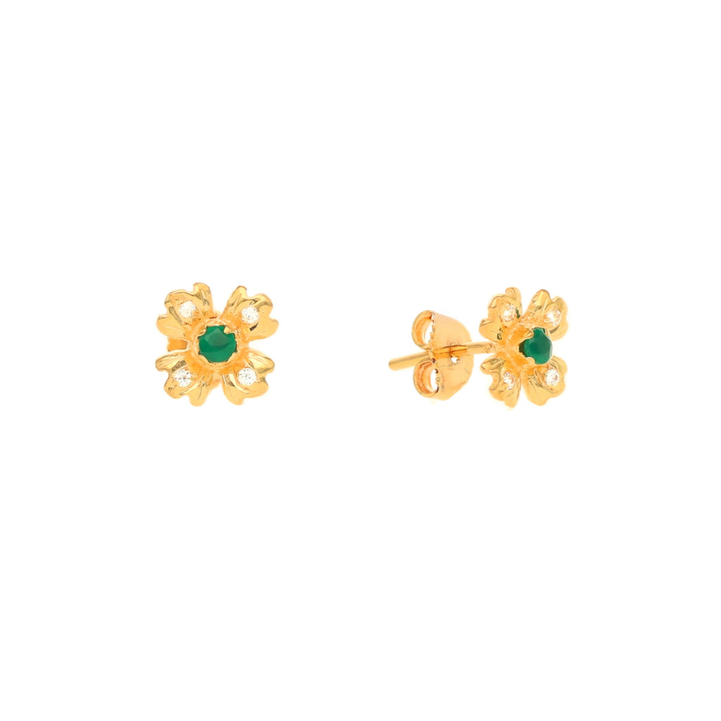 Brincos Flor em Ouro 19kl com Pedra Verde e  Zircónia
