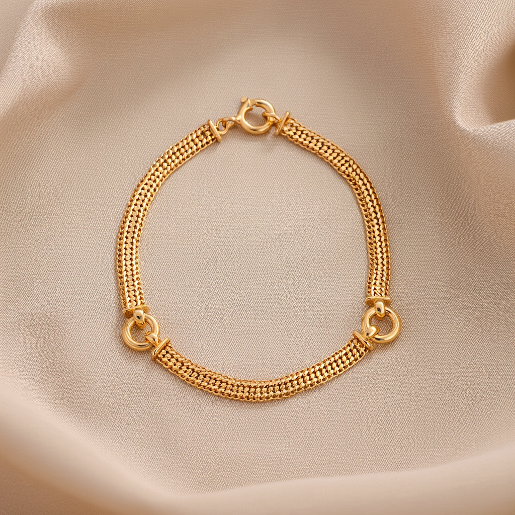 Pulseira Malha Batida com Elos em Ouro 19kl (17.5cm)