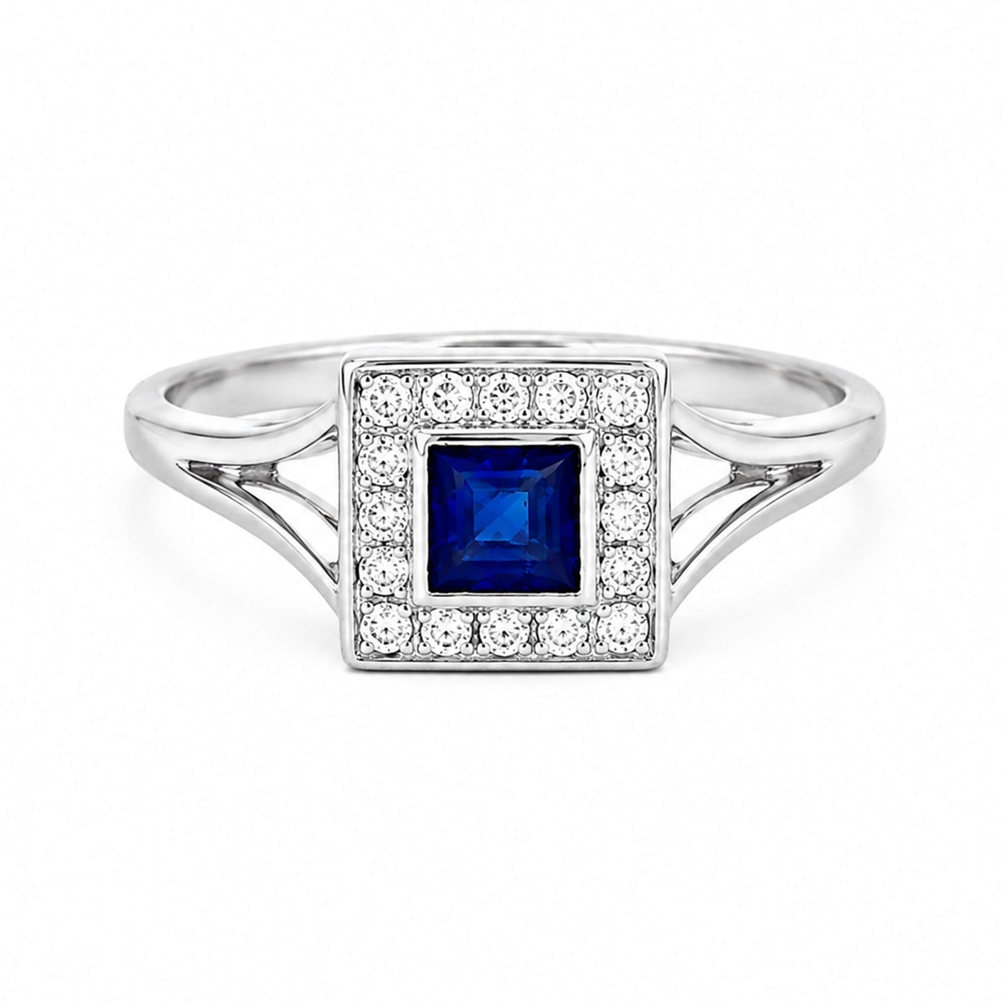 Anel Quadrado em Ouro Branco 19KL com Safira e Diamantes