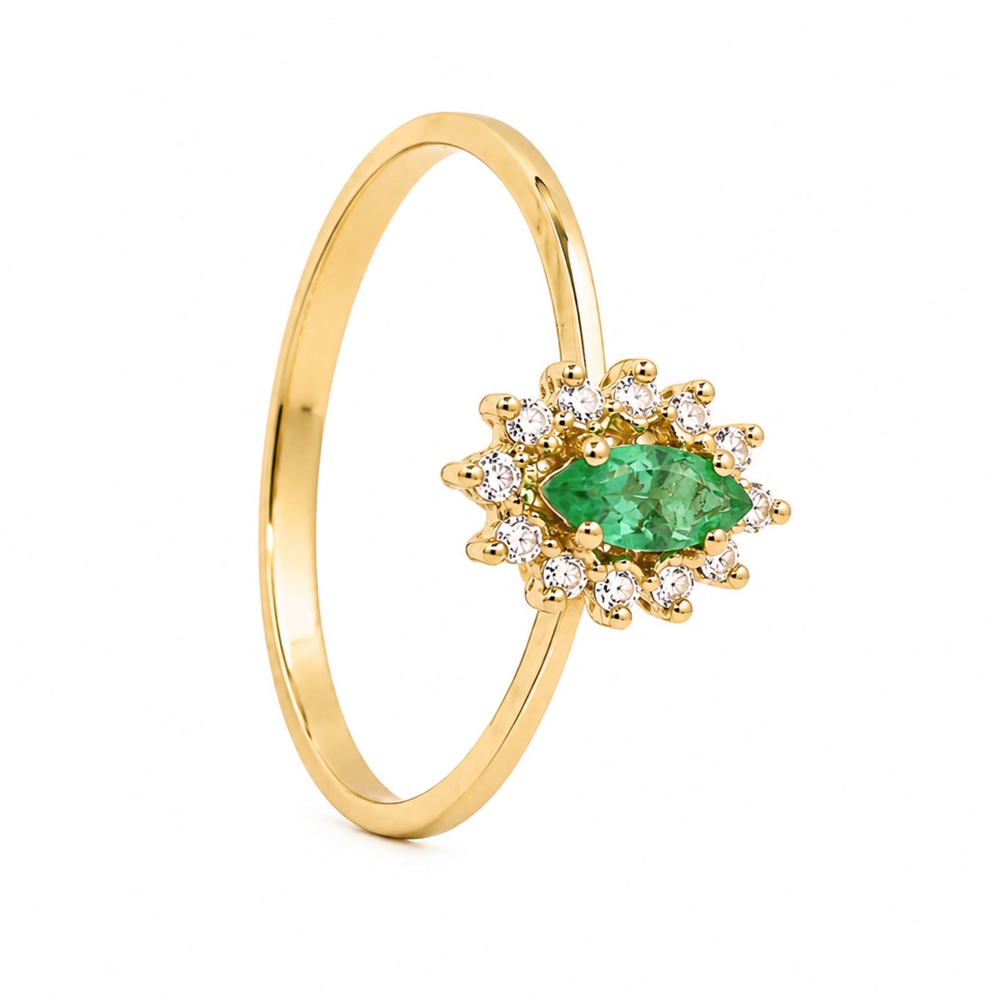 Anel Chuveiro em Ouro 19kl com Esmeralda e Diamantes (T15)