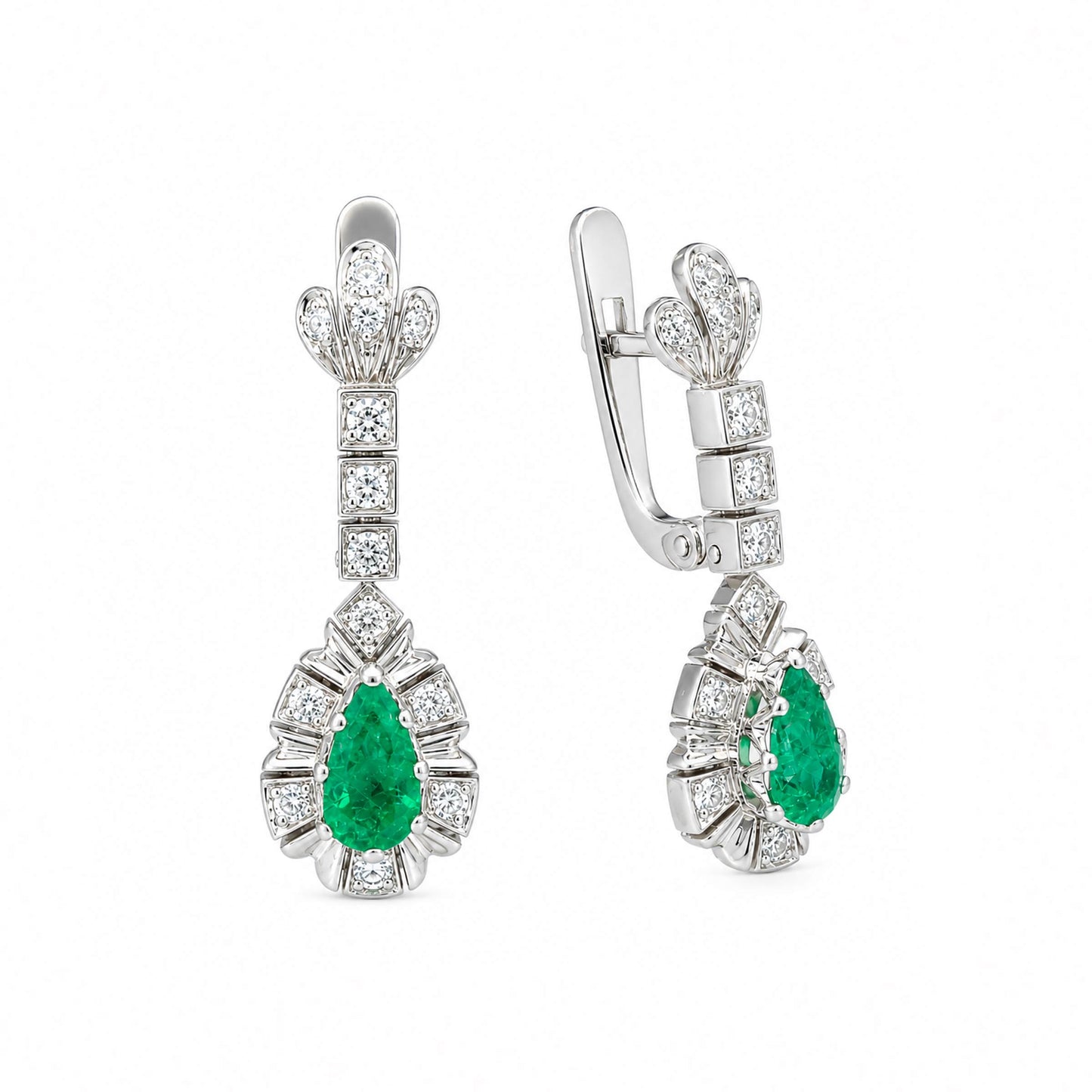 Brincos em Ouro Branco de 19kl com Esmeraldas e Diamantes