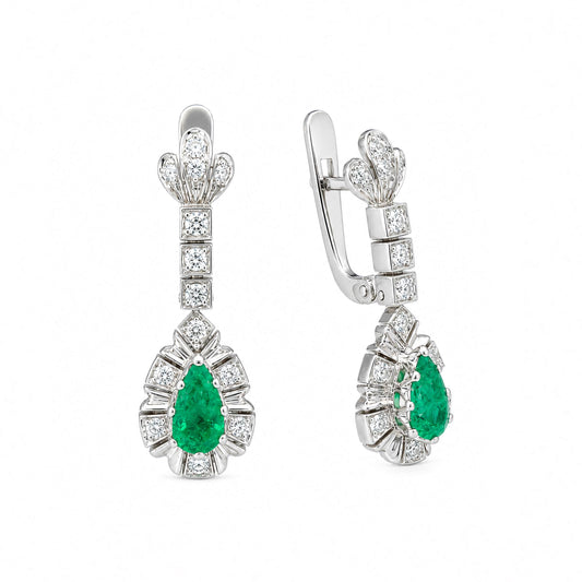 Brincos em Ouro Branco de 19kl com Esmeraldas e Diamantes