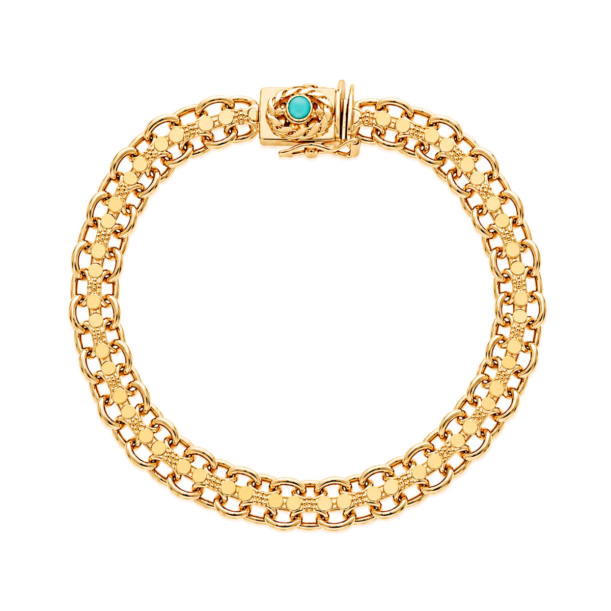 Pulseira Baronesa em Ouro 19kl com Caramujos e Pedra Azul Turquesa (19cm)