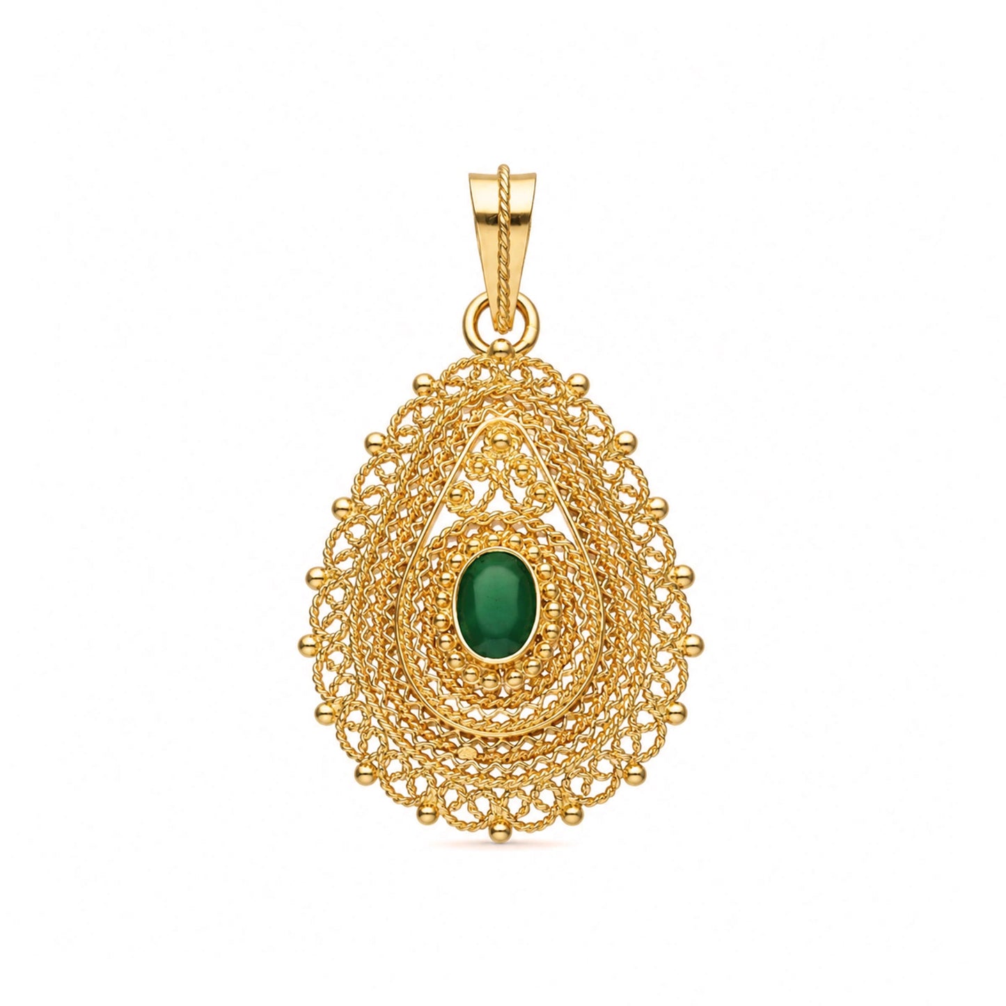 Medalhão Filigrana em Ouro 19kl com Pedra Verde (3.4cm)