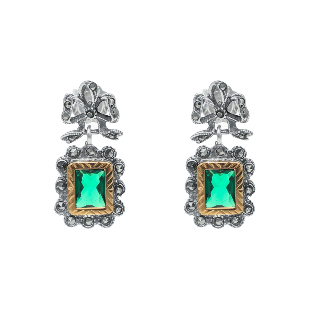 Brincos Vintage Quadrado em Prata com Pedra Verde