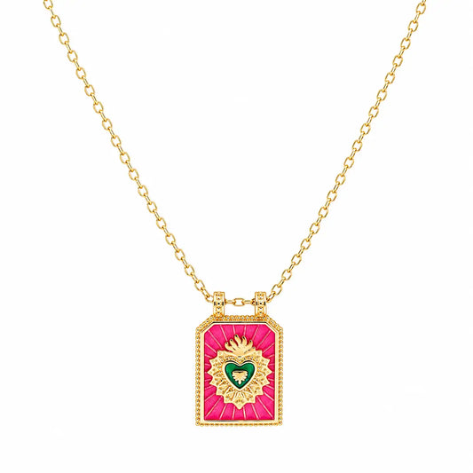 Fio Sacred Heart em Prata Dourada e Esmalte Rosa