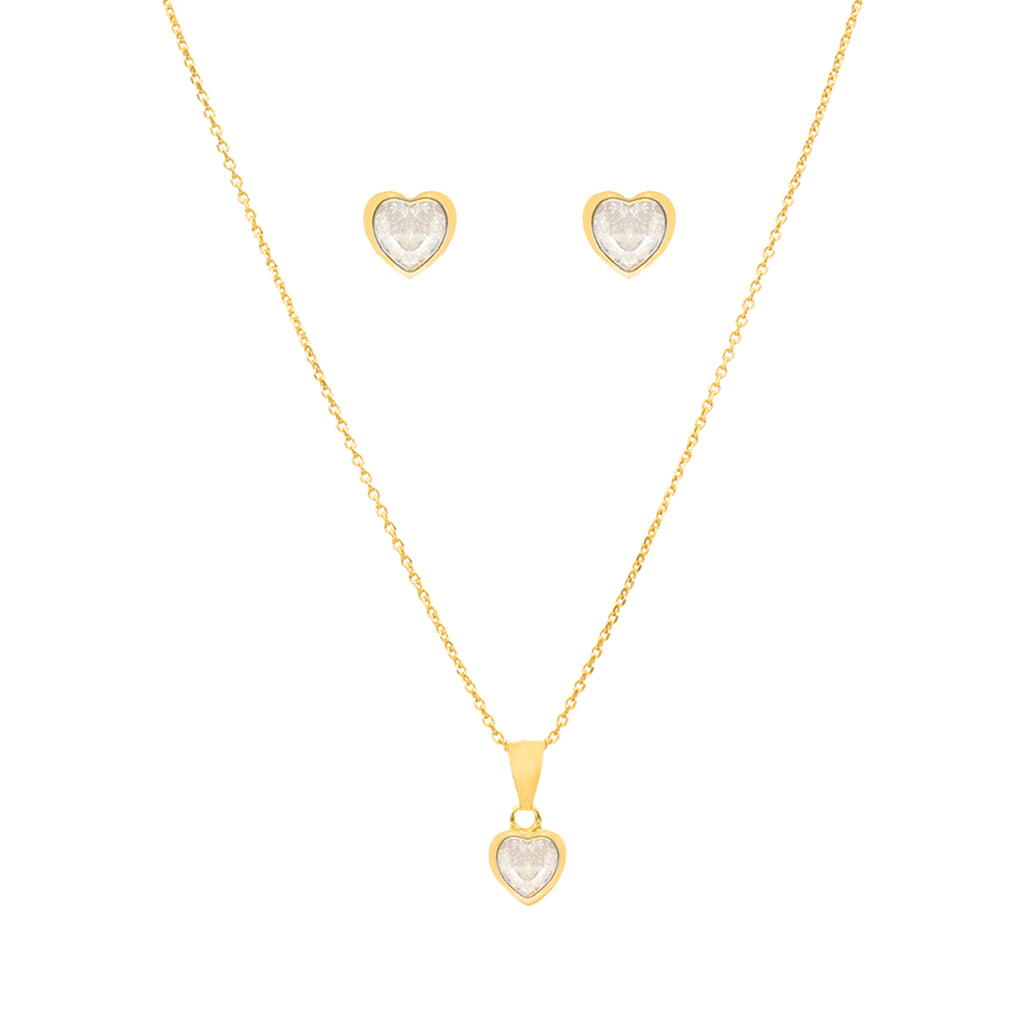 Conjunto Fio e Brincos em Prata Dourada com Zircão Coração