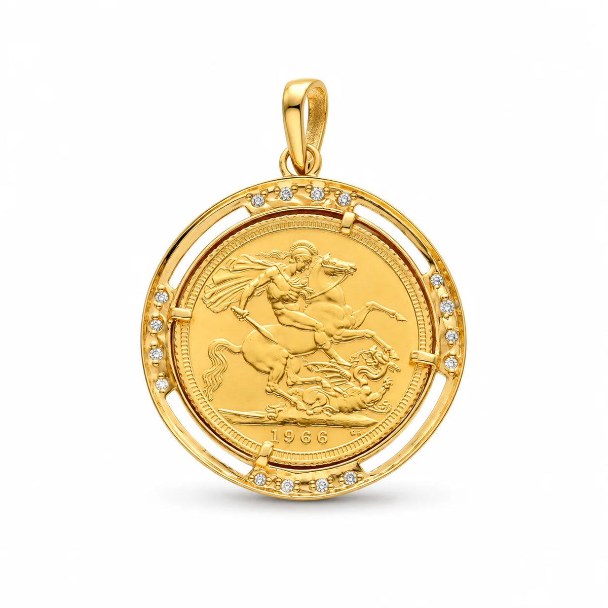 Verso da libra da Rainha Isabel II com São Jorge, aro em ouro 19kl e zircónias.