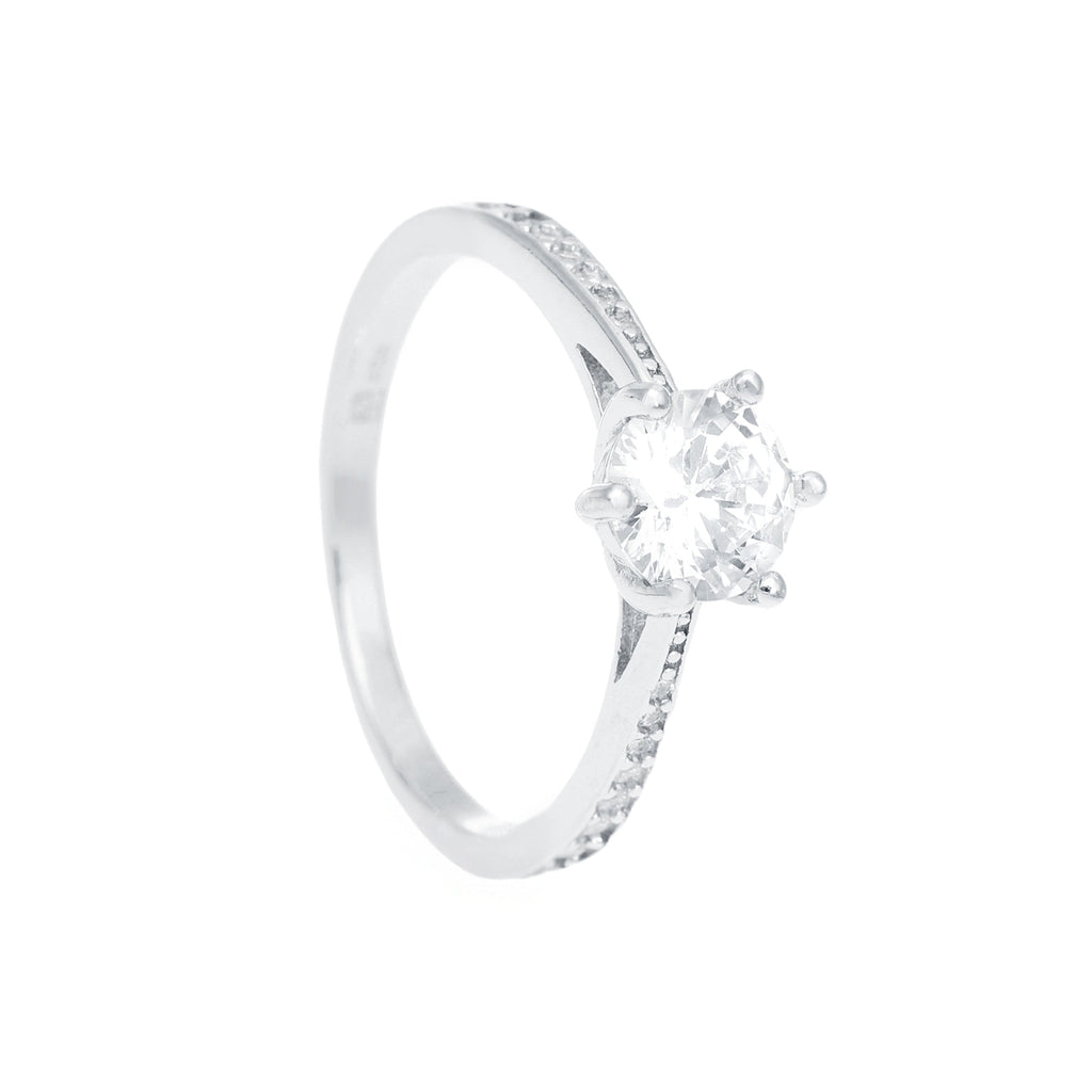 Anel Solitário em Prata com Zircónia (7mm) e aro cravejado Zircónias