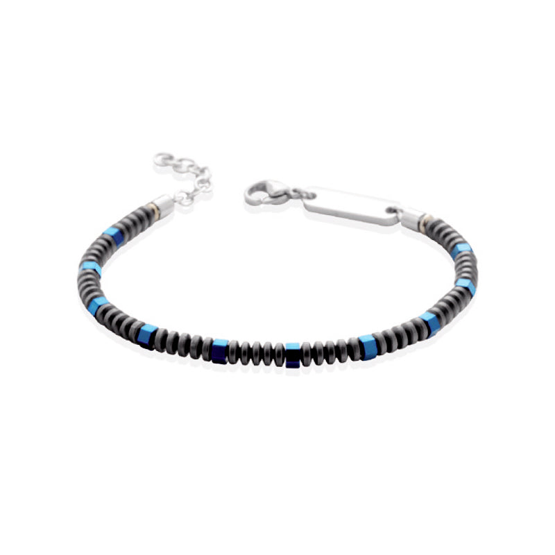 Pulseira Noctis em Aço Azul e Contas Cinza