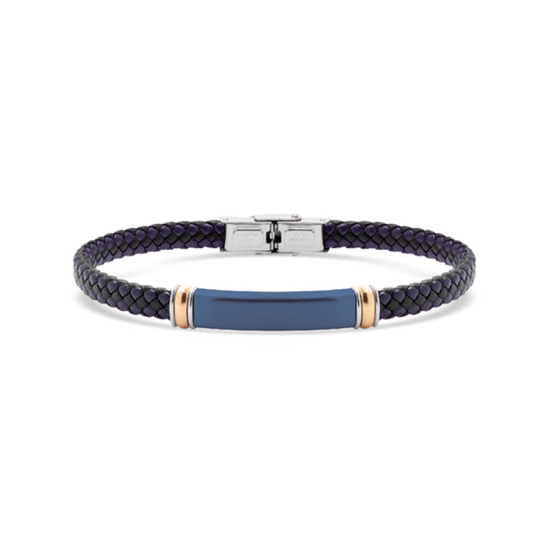Pulseira Nautilus em Couro Preto e Aço com Chapa Azul