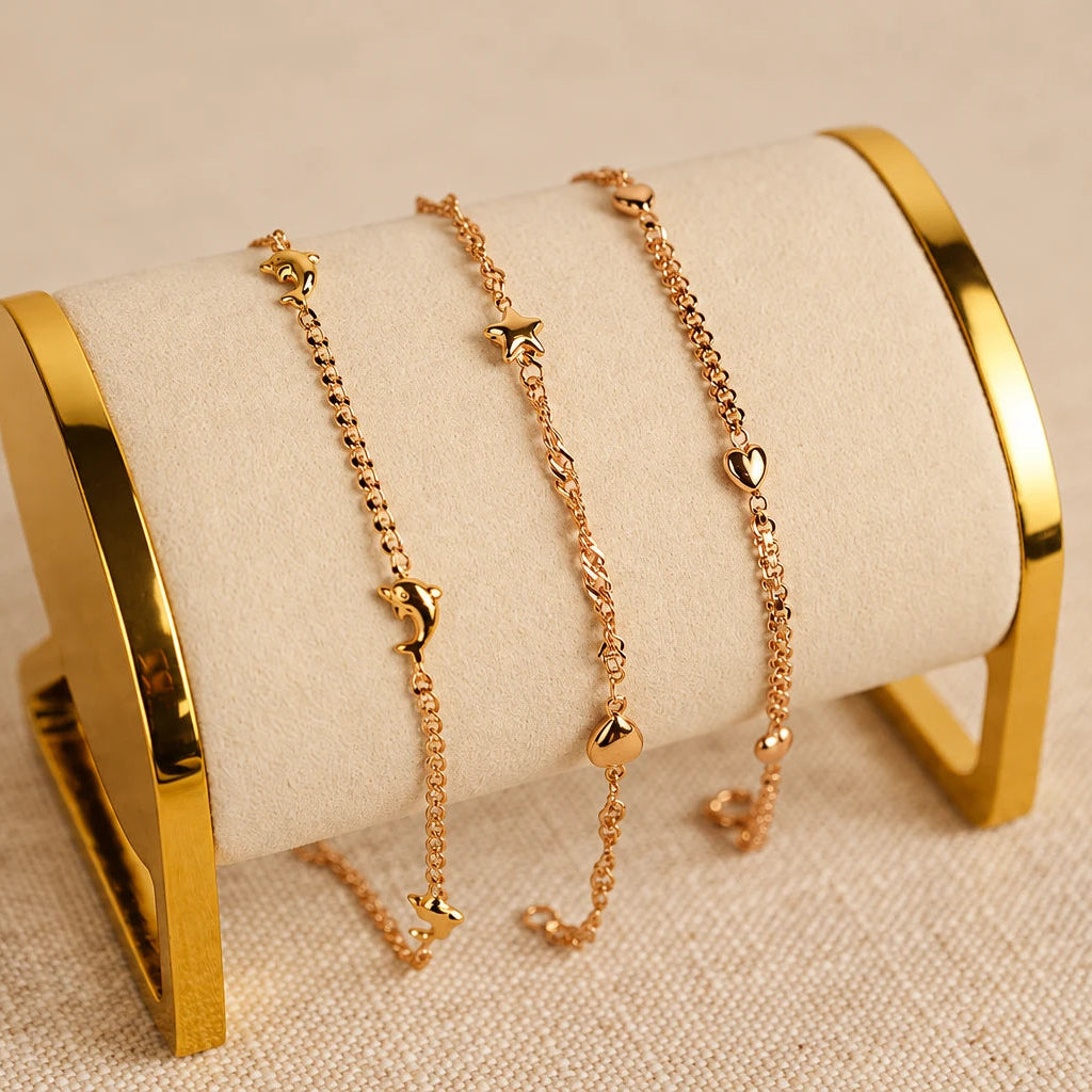 Pulseira com Corações e Estrela em Ouro 19kl (14,8 cm)