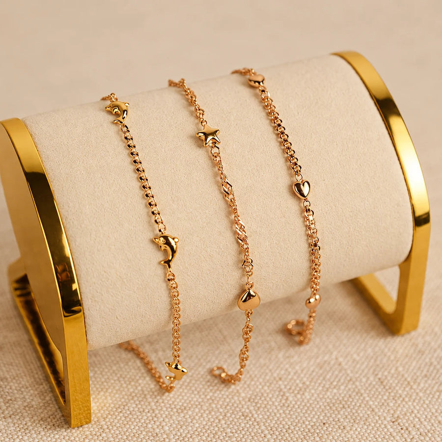 Pulseira com Corações e Estrela em Ouro 19kl (14,8 cm)