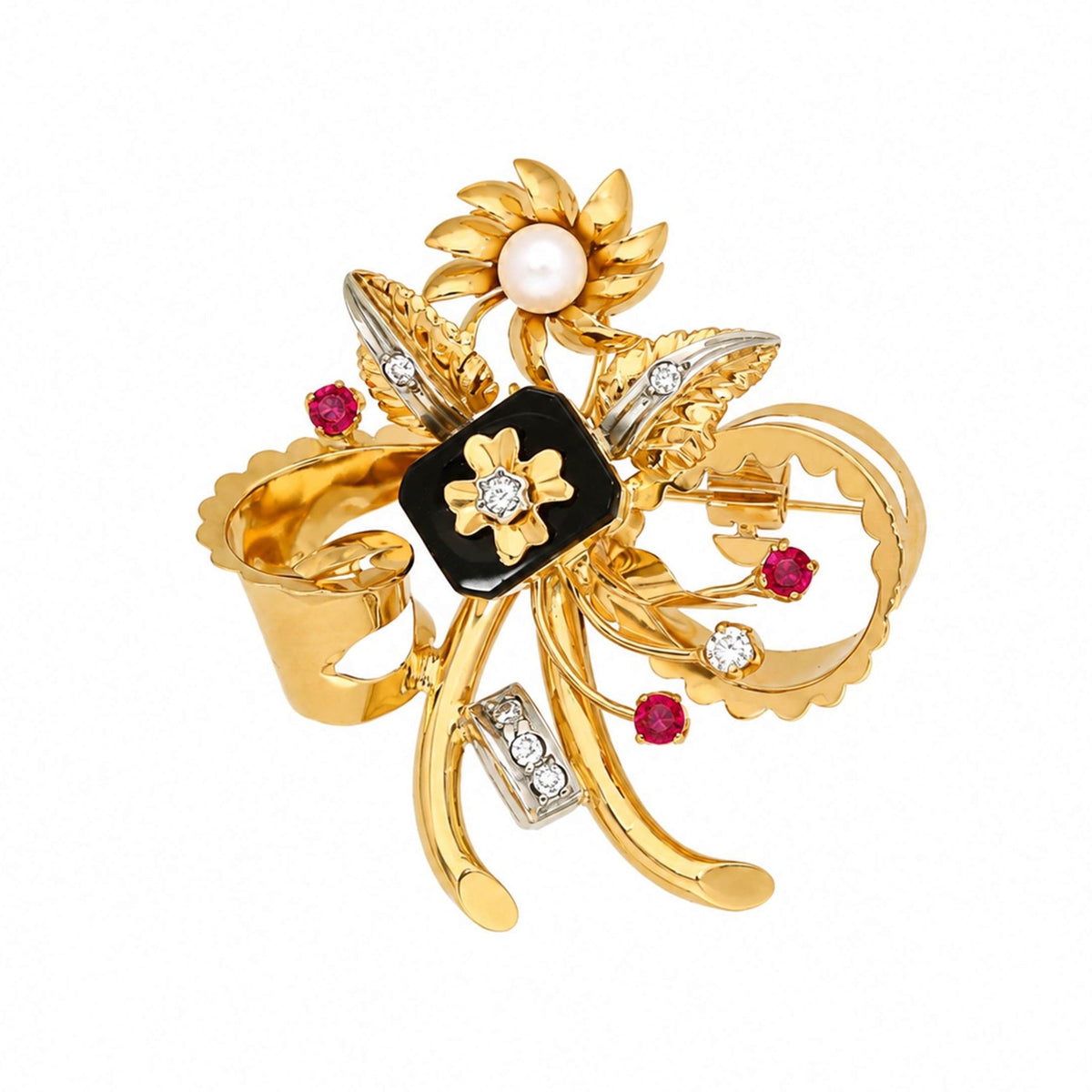 Alfinete de Peito em Ouro 19kl e Prata com Pérola e Zircónias Coloridas - Loja do Ouro