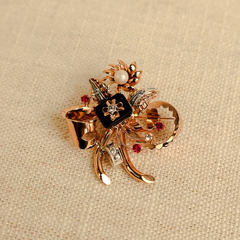 Alfinete de Peito em Ouro 19kl e Prata com Pérola e Zircónias Coloridas - Loja do Ouro