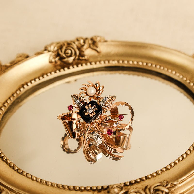 Alfinete de Peito em Ouro 19kl e Prata com Pérola e Zircónias Coloridas - Loja do Ouro