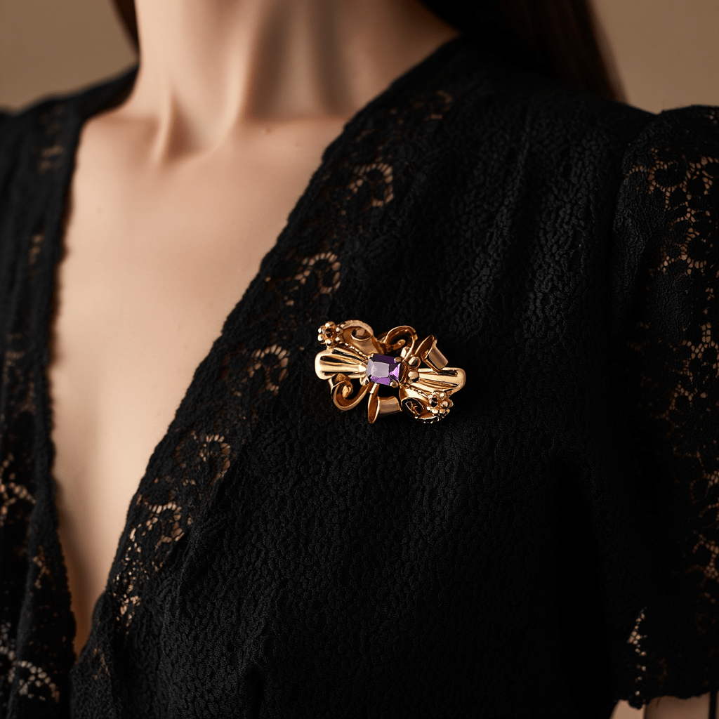 Alfinete Laço em Ouro 19kl com Tanzanite Roxa e Rubis - Loja do Ouro