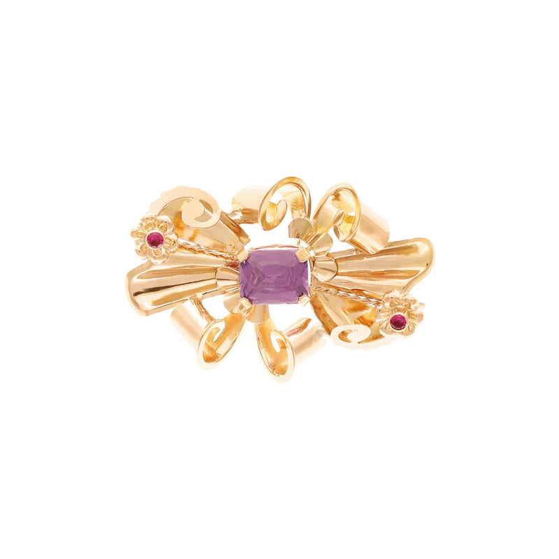 Alfinete Laço em Ouro 19kl com Tanzanite Roxa e Rubis - Loja do Ouro