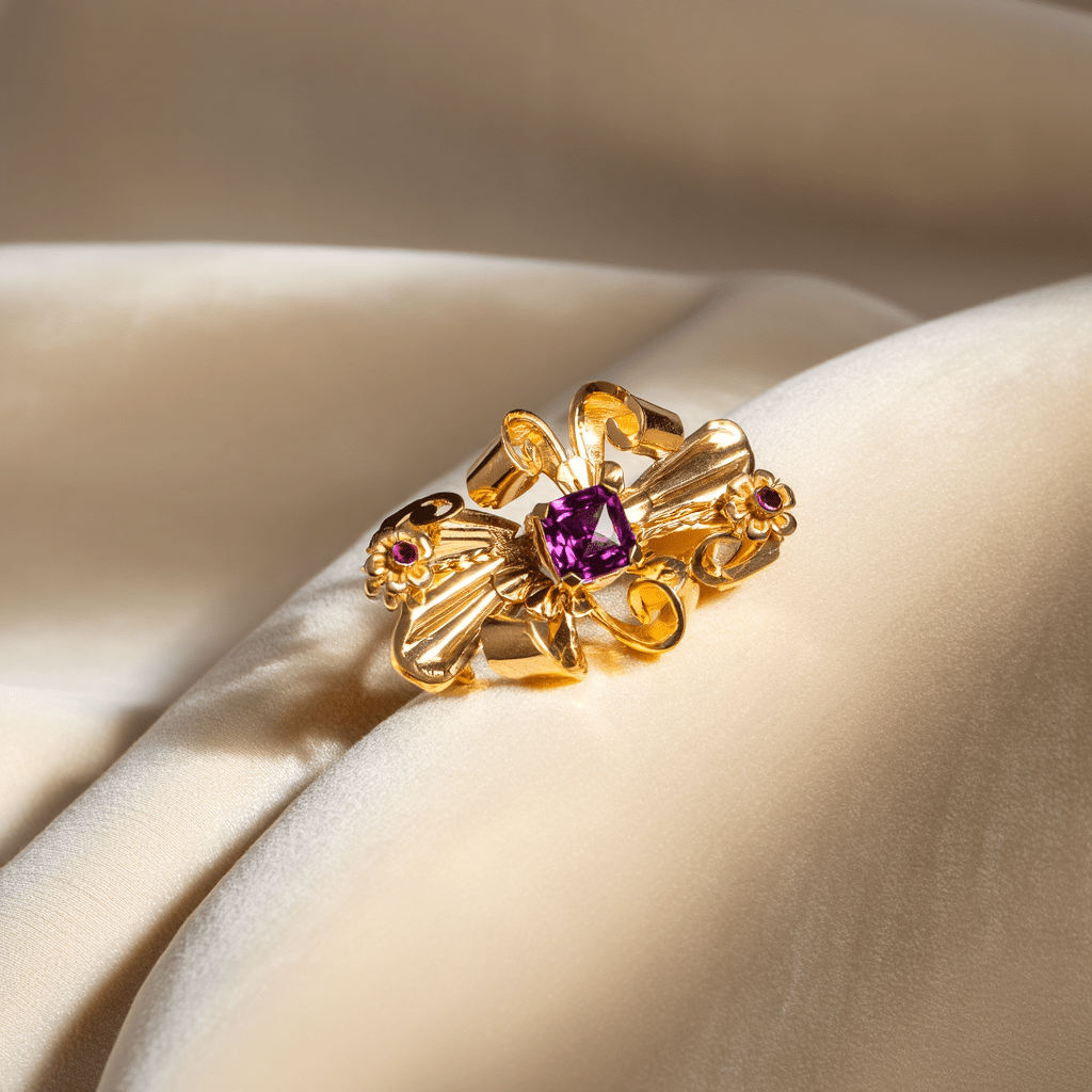 Alfinete Laço em Ouro 19kl com Tanzanite Roxa e Rubis - Loja do Ouro