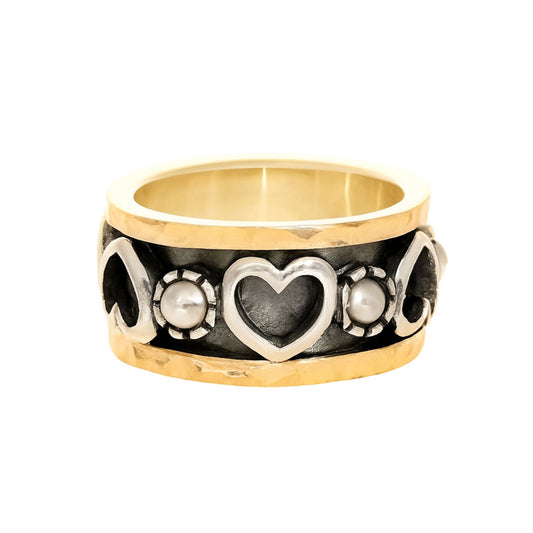 Anel Antistress com Corações e Pérolas em Prata e Ouro 9kl (T15) - Loja do Ouro