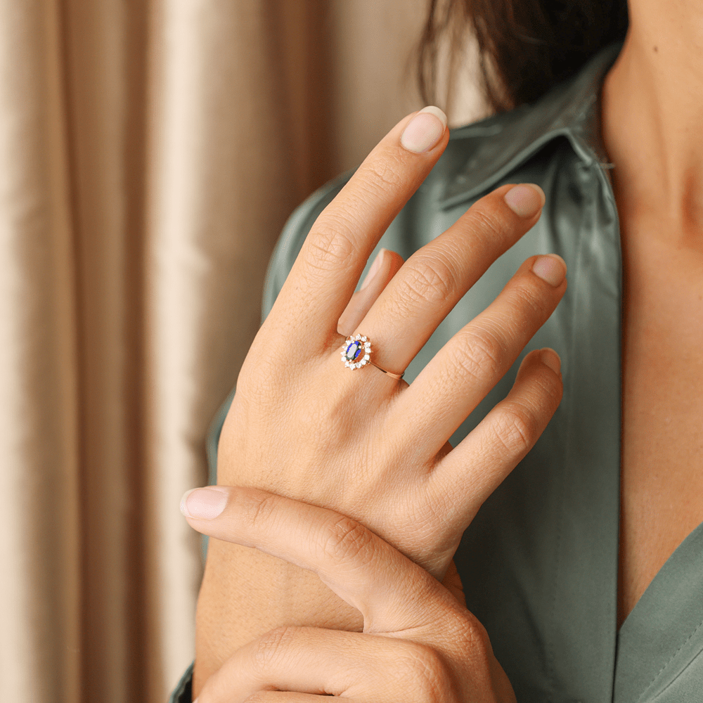 Anel Chuveiro em Ouro 19kl com Safira e Zircónias (T14) - Loja do Ouro