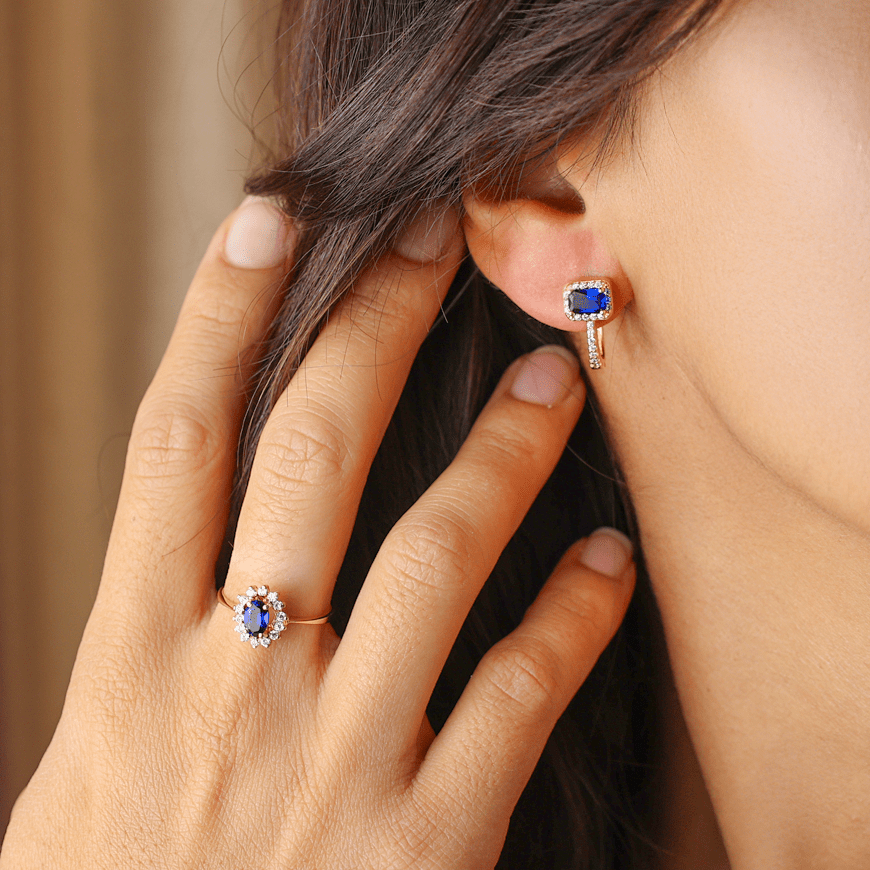 Anel Chuveiro em Ouro 19kl com Safira e Zircónias (T14) - Loja do Ouro