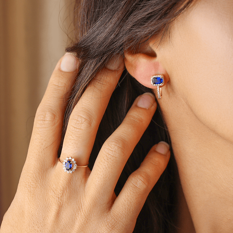 Anel Chuveiro em Ouro 19kl com Safira e Zircónias (T14) - Loja do Ouro