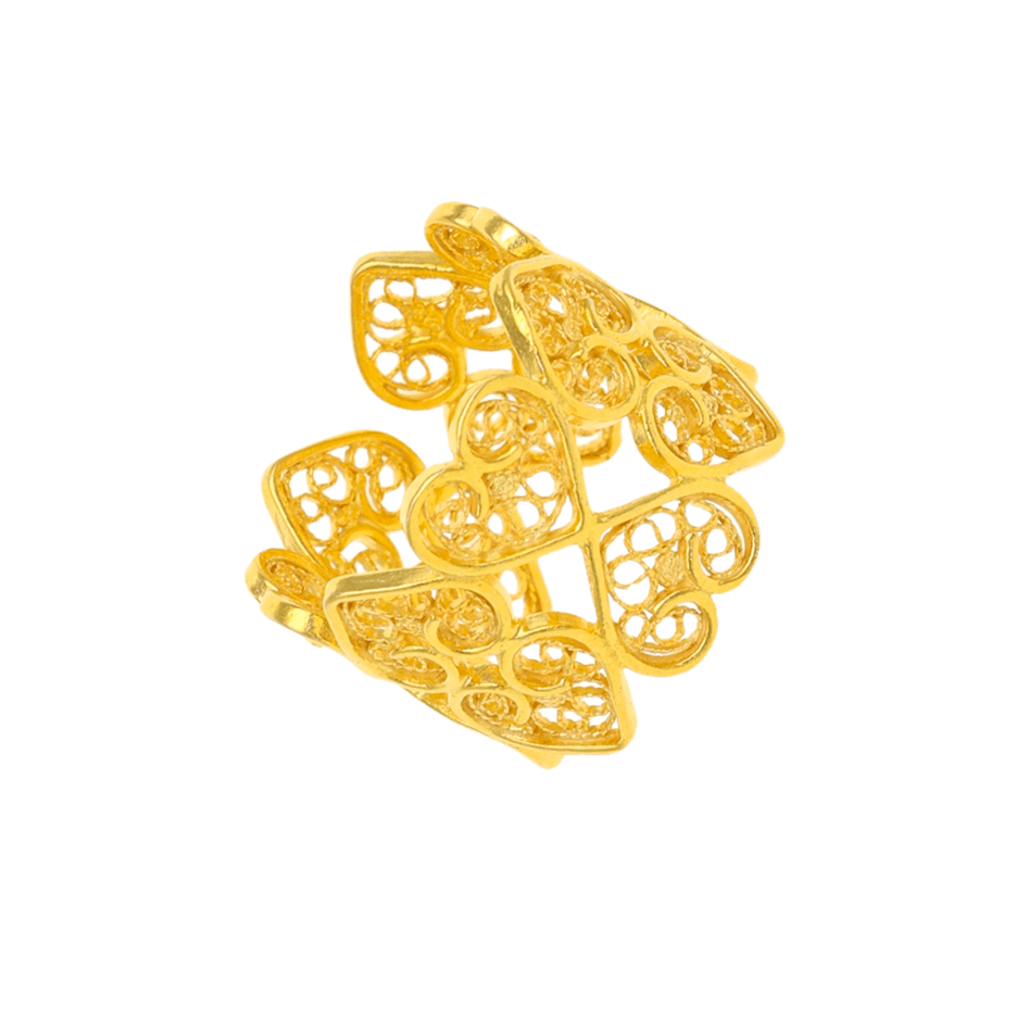 Anel Corações Invertidos em Prata Dourada - Loja do Ouro