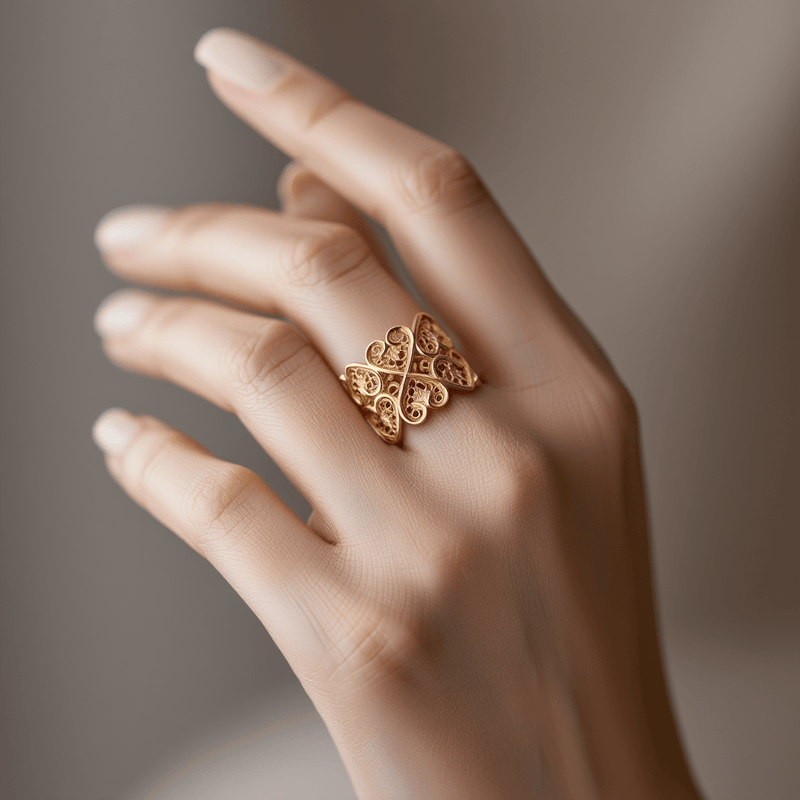 Anel Corações Invertidos em Prata Dourada - Loja do Ouro